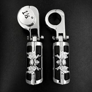 HK MOTO- Wing Skull Zombie Shape 1 1/2" Highway Stiletto 4475 Foot Pegs P-Clamps For Harley Sportster Touring Black Body Black Rubber
