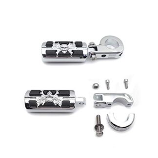 HK MOTO- Wing Skull Zombie Shape Front Rider 1 1/4" Stiletto 4475 Foot Peg Clamps For Shadow ACE Magna Valkyrie Chrome Body Black Rubber