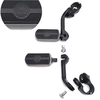 HTT- Black Skull Foot Peg w/ 5" Long Angled Adjustable Mount Kit For 1.25" Engine Guard (Harley Forty Eight XL1200X/ Street Glide/ Fat Boy/ Iron 883)