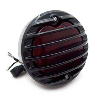 HTT Group Motorcycle Black Custom Grille Ribbed Round LED Tail Brake Light Red Lens Integrated License Plate Lamp Fit Bobber Chopper Cruiser Street Bike Kawasaki Suzuki Yamaha