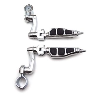 HTT Group Motorcycle Chrome 360 Adjustable Peg Mounting Kit Stiletto Shape Footrest Foot Pegs For Yamaha V-STAR Roadstar Suzuki Boulevard Equipped with 1-1/4 inch (1.25")Front Engine Guard Frame Tube