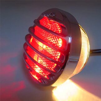 HTT Group Motorcycle Chrome Pre-Grille Ribbed Round LED Tail Brake Light Red Lens Integrated License Plate Lamp Fit Bobber Chopper Cruiser Street Bike Kawasaki Suzuki Yamaha
