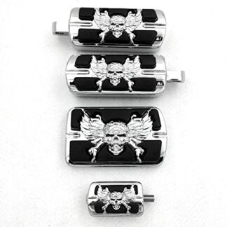HTTMT MT216-060061062- Chrome Wing Skull Zombie Emblem With Black Eye Series Foot Pegs Fit Compatible with Motorcycle
