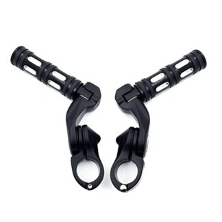 HTTMT MT216-111+216-099- Black Foot Pegs w/ 2.5" Short Angled Adjustable Mount Kit Compatible with 1.25" Engine Guard (Harley Road King/Street Glide/Fat Boy/Iron 883/ GoldWing)