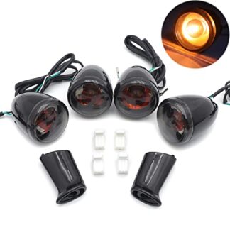 HTTMT MT224-017F+R- Heavy Billet Aluminum Front and Rear Turn Signal Kit Indicator Light Smoke lens With Long Black Heavy Metal Brackets Compatible with 1992-2016 Harley Davidson Sportster XL 883 1200