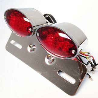 HTTMT MT374-CD+RED Chrome Red Universal Cat Eye Custom Motorcycle Tail Brake Turn Signal License Plate Light