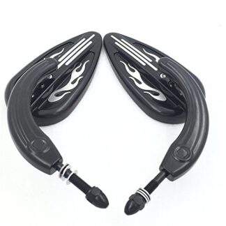HTTMT MT428-008- Black Rear View Skull Stem Mirrors with Silver Groove Flame Compatible with Harley 1982-later all models Big Dog Dyna Wide Glide Fat Boy Iron Horse Road King Street Glide Ultra etc.