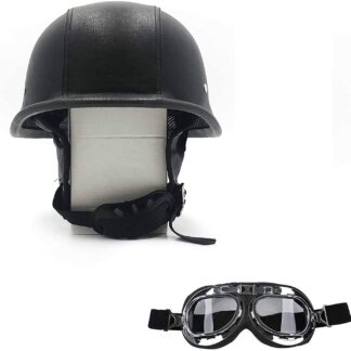 HTTMT MT506-002-L- DOT German Black Leather Motorcycle Half Face Helmet Biker Pilot Goggles Size L