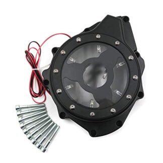 MT054A-BK+GREEN LED XHT(BC)-Green LED Glass See Through Engine Cover For Suzuki Gsx1300R Hayabusa 99-13 Black