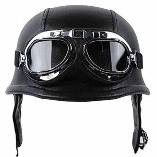 MT506-002-L-BK XHT(BC) DOT German Black Leather Motorcycle Half Face Helmet Biker Pilot Goggles Size L
