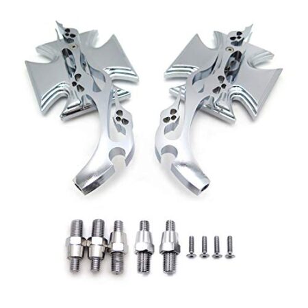 Maltese Cross Emblem Flame Style Motorbike Chromed Billet Custom Running Acrylic Mirrors Universal Fit All Kawasaki Suzuku Cruiser Bike Models By HTT