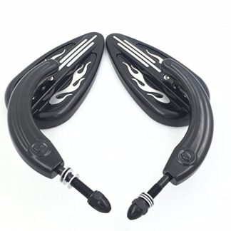 XHT(BC)- Motorcycle Black Rear View Skull Stem Mirrors with Silver Groove Flame For Harley Davidson 1982-later all models Big Dog Dyna Wide Glide Fat Boy Iron Horse Road King Street Glide Ultra etc.