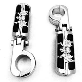 XHT(BC)- Wing Skull Zombie Shape 1 1/2" Highway Stiletto 4475 Foot Pegs P-Clamps For Harley Sportster Touring Chrome Body Black Rubber