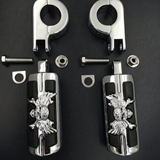 XHT(BC)- Wing Skull Zombie Shape 1 1/4" Highway Stiletto 4475 Foot Pegs P-Clamps For Harley Sportster Touring Chrome Body Black Rubber