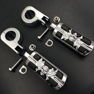 XHT(BC)- Wing Skull Zombie Shape Front 1 1/4" Highway Stiletto 4475 Foot Pegs P-Clamps For GoldWing GL Chrome Body Black Rubber