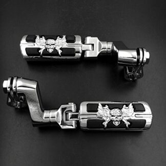 XHT(BC)- Wing Skull Zombie Shape Front Rider 1" Stiletto 4475 Foot Peg Clamps For Shadow ACE Magna Valkyrie Chrome Body Black Rubber